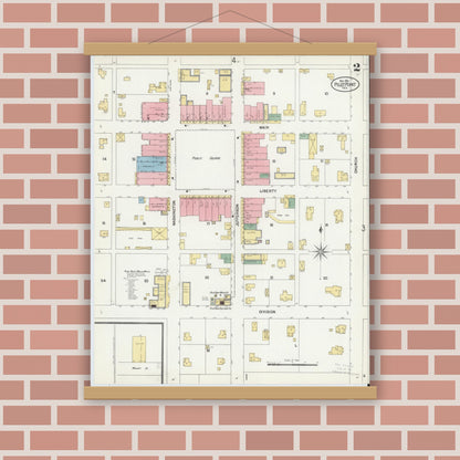 Old map wall art mockup — magnetic wood frame on brick wall — Sanborn Fire Insurance Map from Pilot Point, Denton County, Texas (1901), Sheet #0002