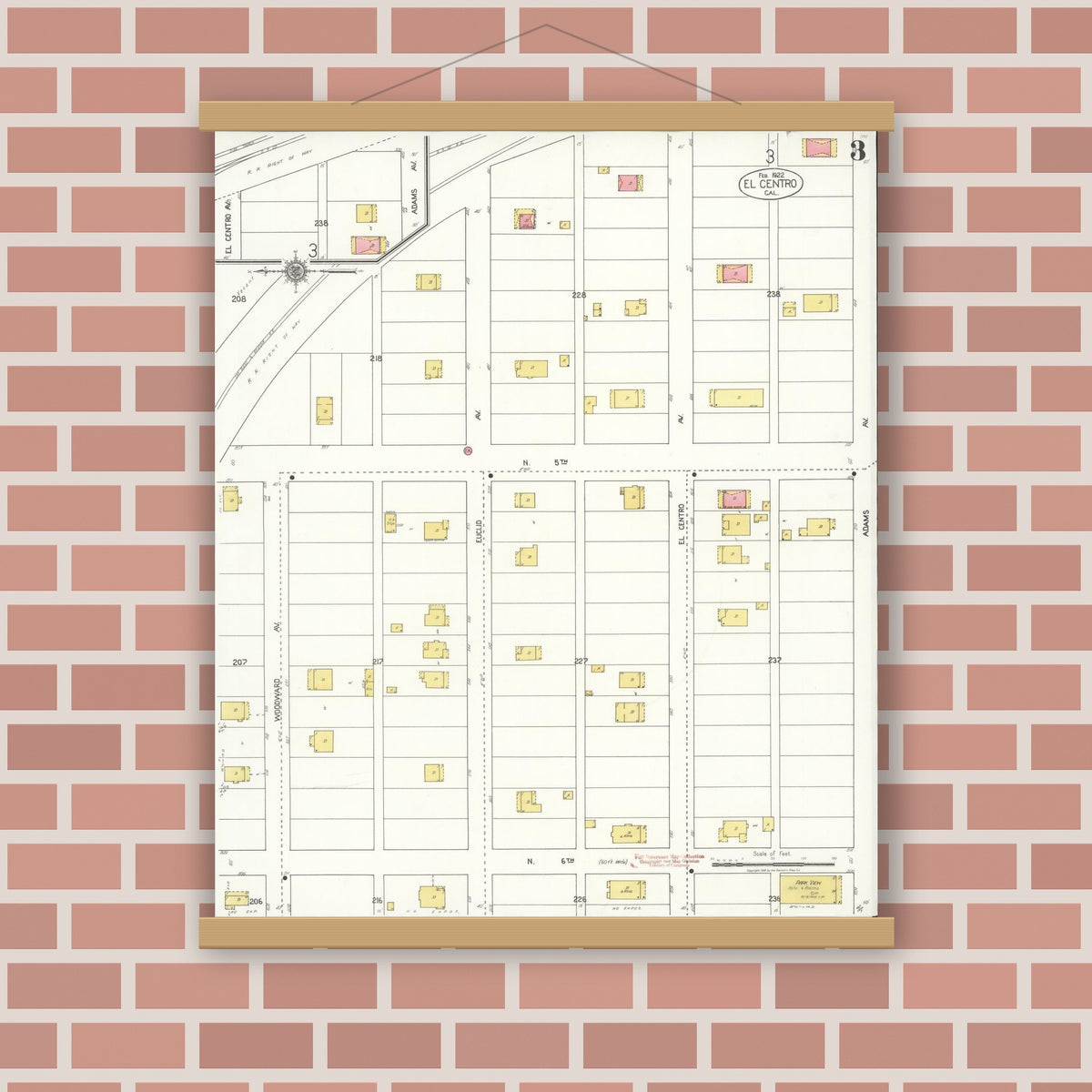 Old map wall art mockup — magnetic wood frame on brick wall — Sanborn Fire Insurance Map from El Centro, Imperial County, California (1922), Sheet #0003