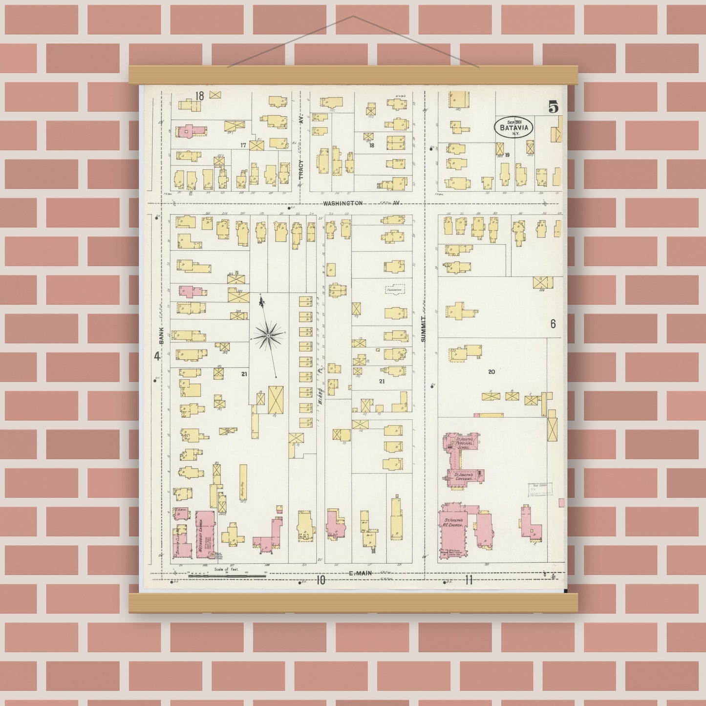 Old map wall art mockup — magnetic wood frame on brick wall — Sanborn Fire Insurance Map from Batavia, Genesee County, New York (1901), Sheet #0005