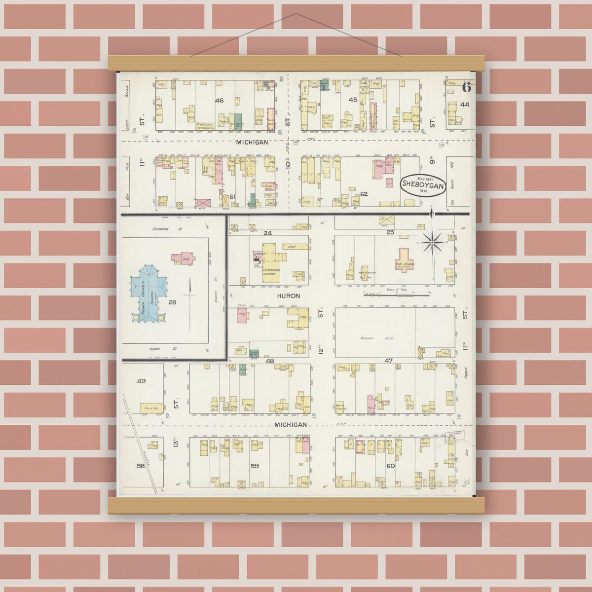 Old map wall art mockup — magnetic wood frame on brick wall — Sanborn Fire Insurance Map from Sheboygan, Sheboygan County, Wisconsin (1887), Sheet #0006