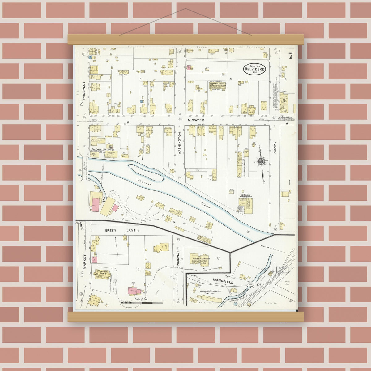 Old map wall art mockup — magnetic wood frame on brick wall — Sanborn Fire Insurance Map from Belvidere, Warren County, New Jersey (1909), Sheet #0007