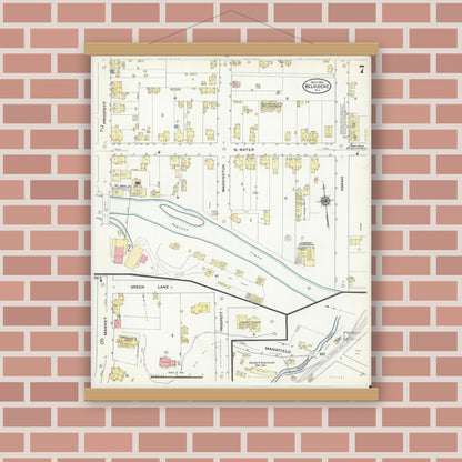 Old map wall art mockup — magnetic wood frame on brick wall — Sanborn Fire Insurance Map from Belvidere, Warren County, New Jersey (1909), Sheet #0007