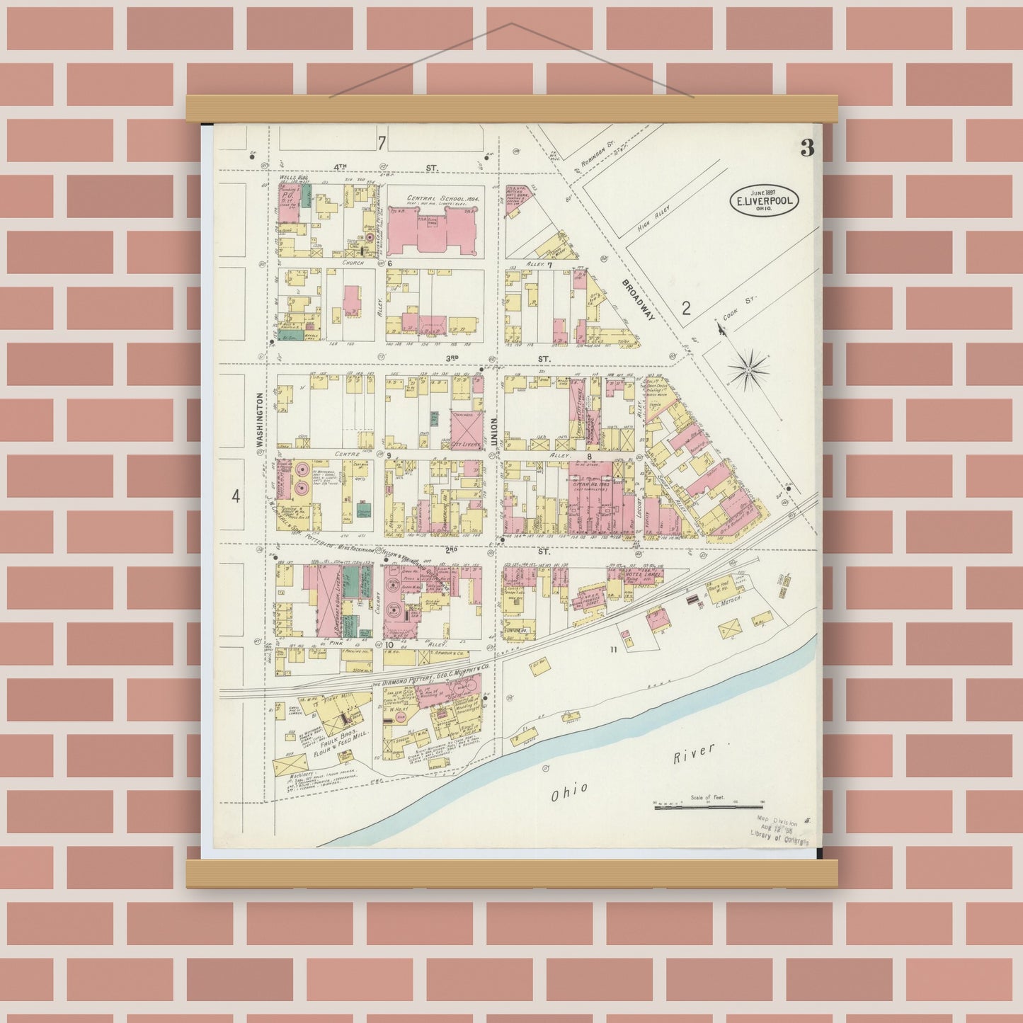 Old map wall art mockup — magnetic wood frame on brick wall — Sanborn Fire Insurance Map from East Liverpool, Columbiana County, Ohio (1897), Sheet #0003