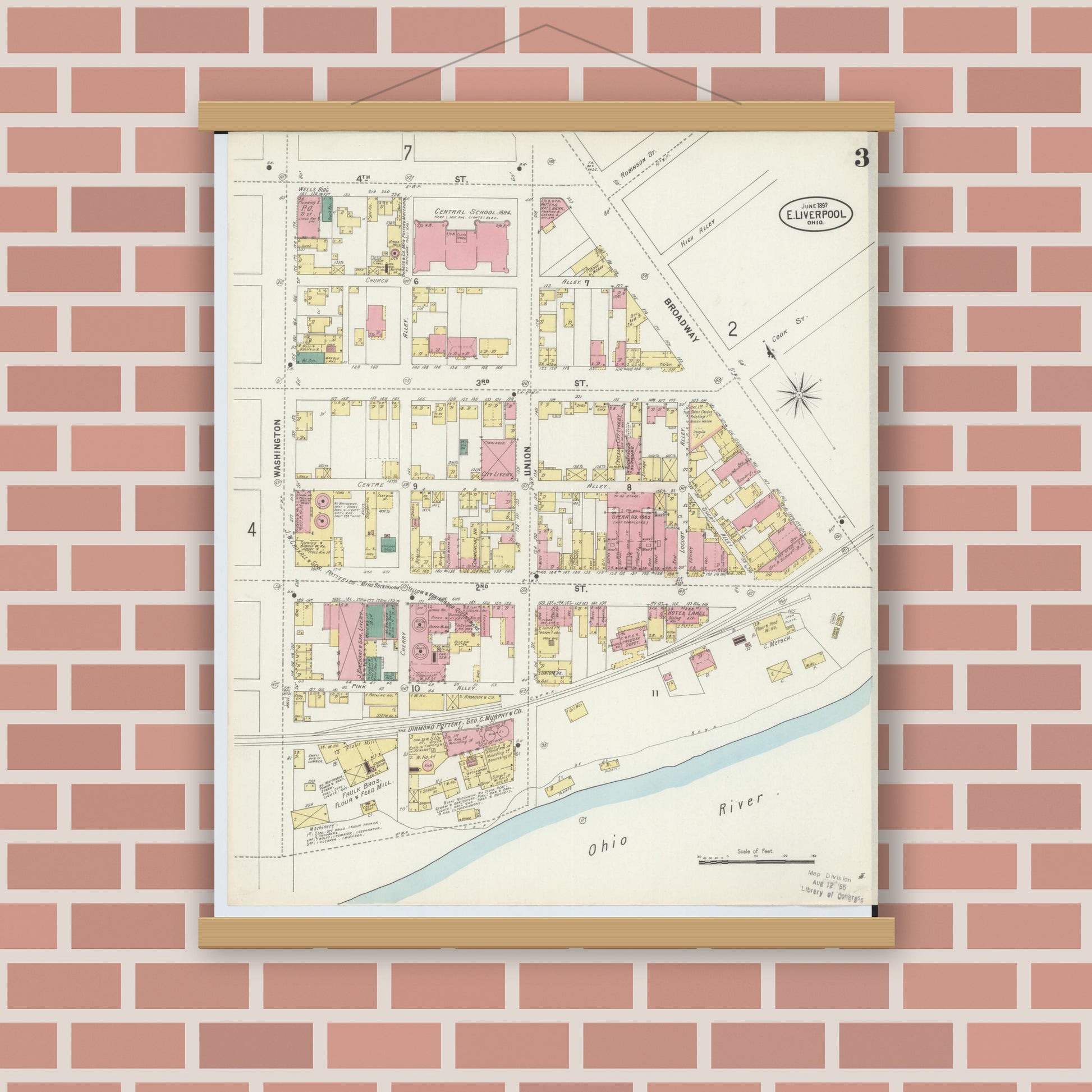 Old map wall art mockup — magnetic wood frame on brick wall — Sanborn Fire Insurance Map from East Liverpool, Columbiana County, Ohio (1897), Sheet #0003