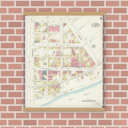 Old map wall art mockup — magnetic wood frame on brick wall — Sanborn Fire Insurance Map from East Liverpool, Columbiana County, Ohio (1897), Sheet #0003