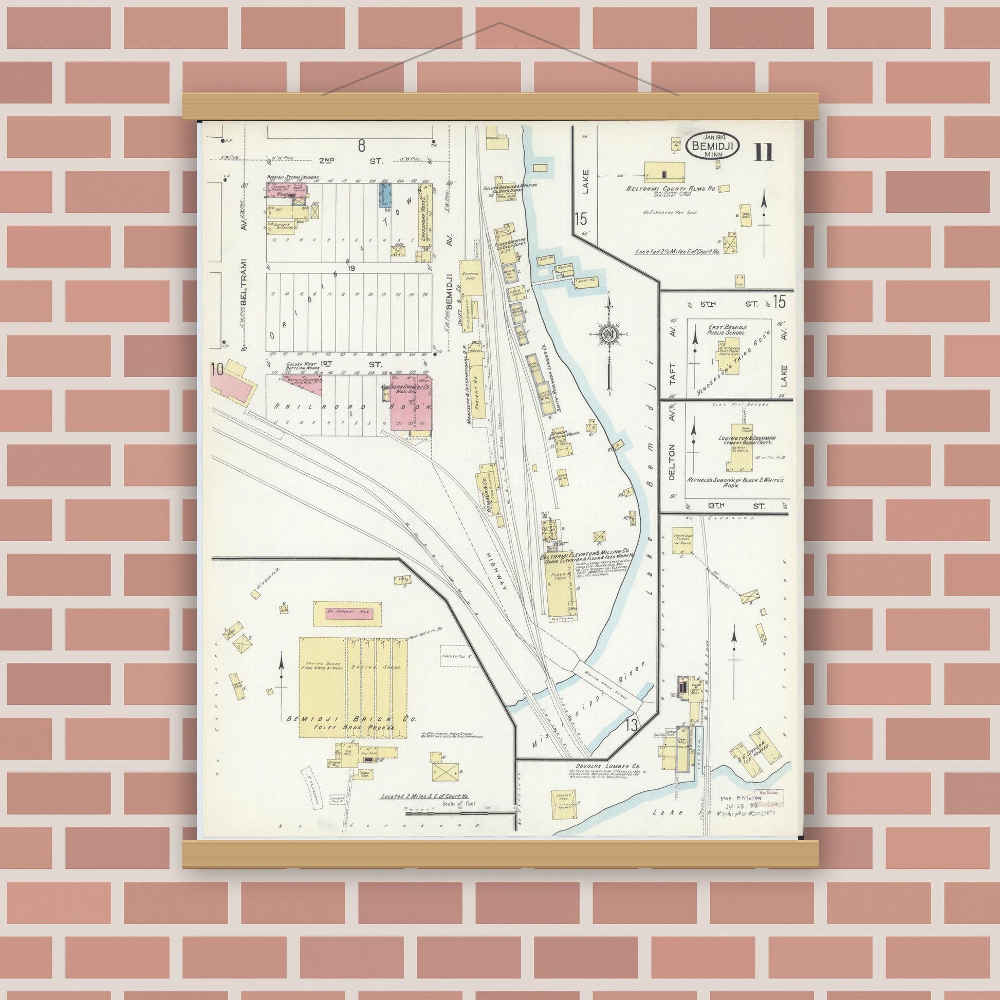 Old map wall art mockup — magnetic wood frame on brick wall — Sanborn Fire Insurance Map from Bemidji, Beltrami County, Minnesota (1914), Sheet #0011