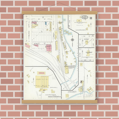 Old map wall art mockup — magnetic wood frame on brick wall — Sanborn Fire Insurance Map from Bemidji, Beltrami County, Minnesota (1914), Sheet #0011