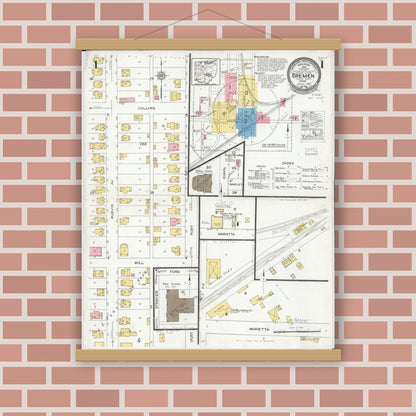 Old map wall art mockup — magnetic wood frame on brick wall — Sanborn Fire Insurance Map from Bremen, Fairfield County, Ohio (1926), Sheet #0001