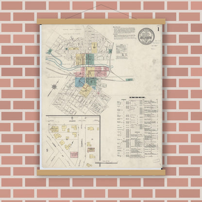 Old map wall art mockup — magnetic wood frame on brick wall — Sanborn Fire Insurance Map from Belvidere, Boone County, Illinois (1912) - Complete Map Set