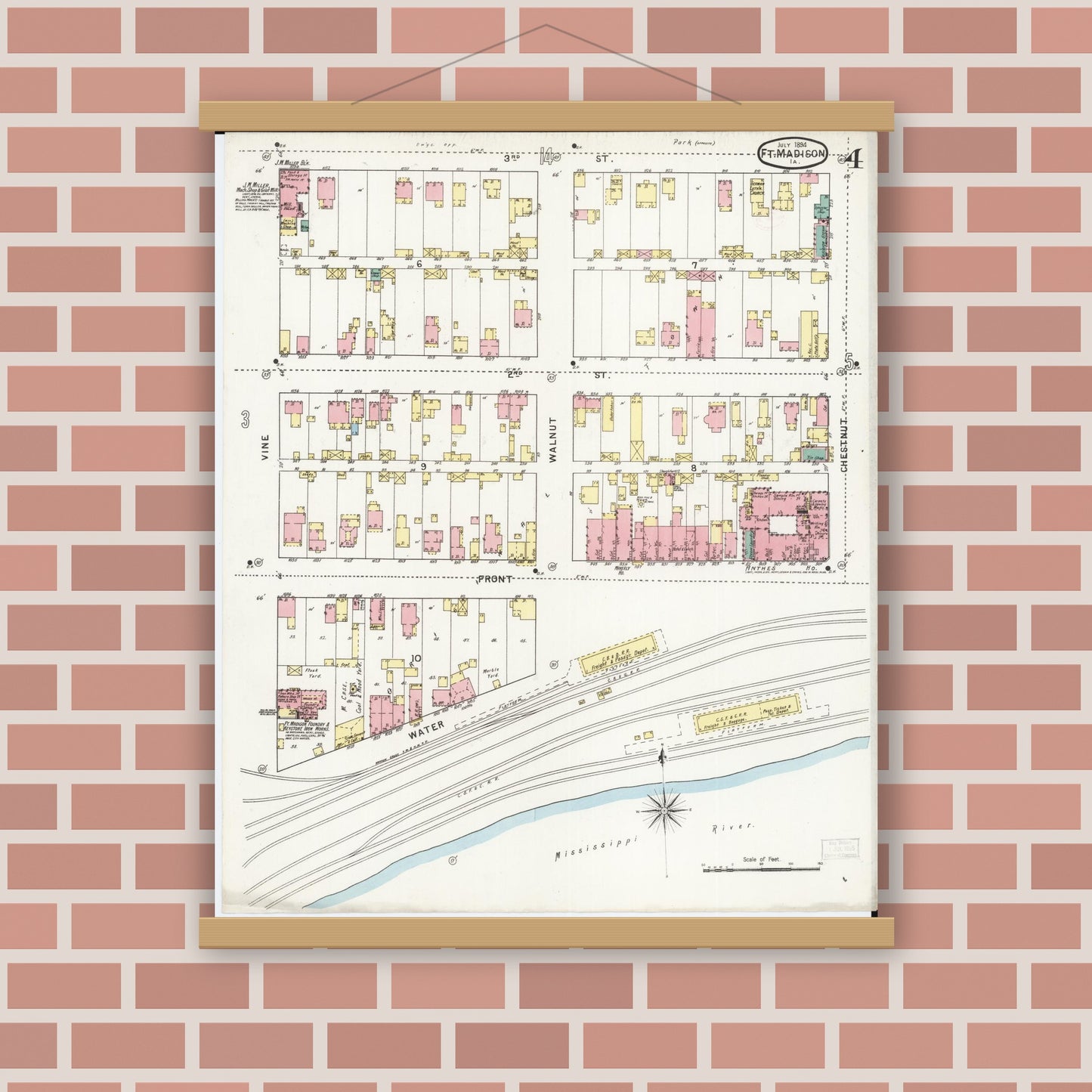 Old map wall art mockup — magnetic wood frame on brick wall — Sanborn Fire Insurance Map from Fort Madison, Lee County, Iowa (1894), Sheet #0004