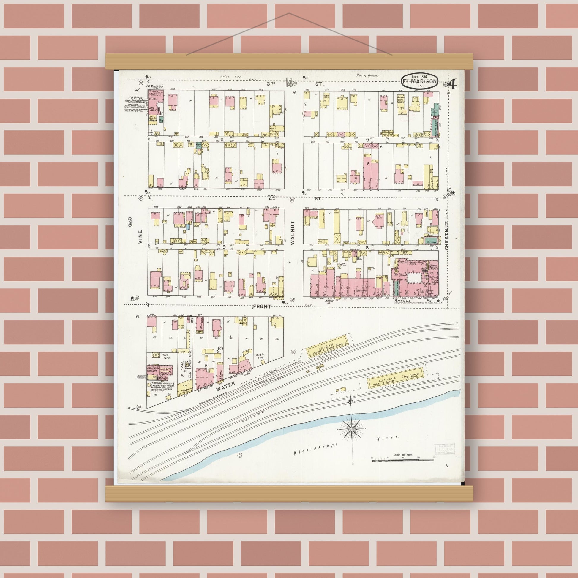 Old map wall art mockup — magnetic wood frame on brick wall — Sanborn Fire Insurance Map from Fort Madison, Lee County, Iowa (1894), Sheet #0004