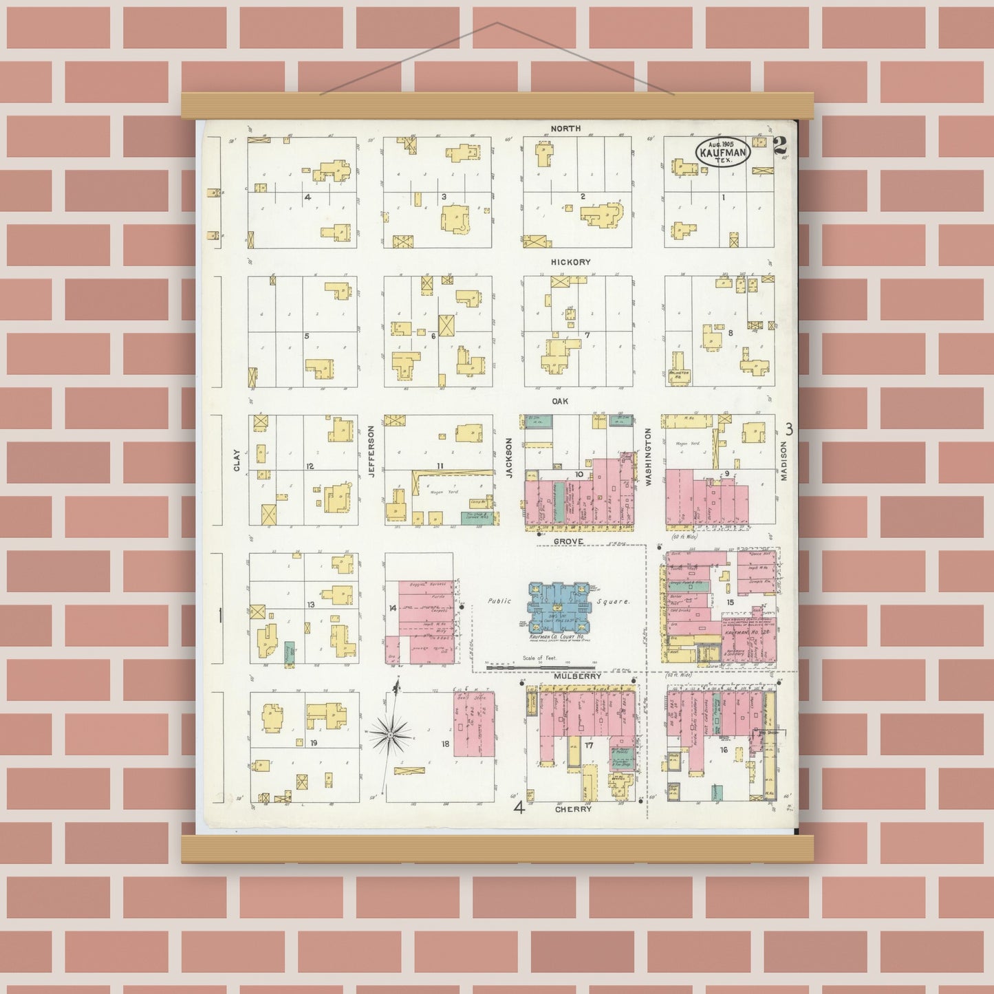 Old map wall art mockup — magnetic wood frame on brick wall — Sanborn Fire Insurance Map from Kaufman, Kaufman County, Texas (1905), Sheet #0002
