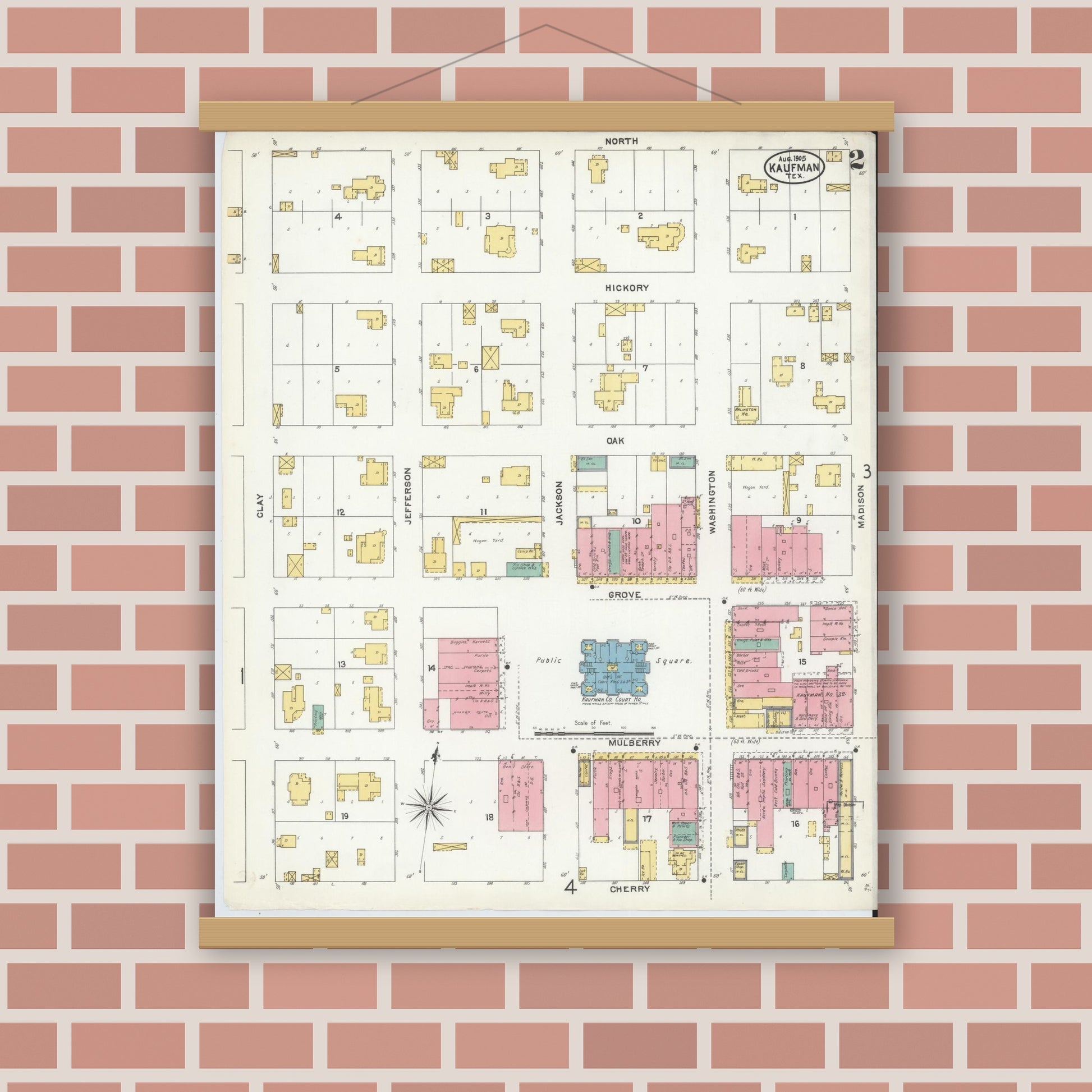 Old map wall art mockup — magnetic wood frame on brick wall — Sanborn Fire Insurance Map from Kaufman, Kaufman County, Texas (1905), Sheet #0002