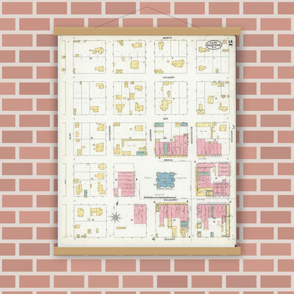 Old map wall art mockup — magnetic wood frame on brick wall — Sanborn Fire Insurance Map from Kaufman, Kaufman County, Texas (1905), Sheet #0002