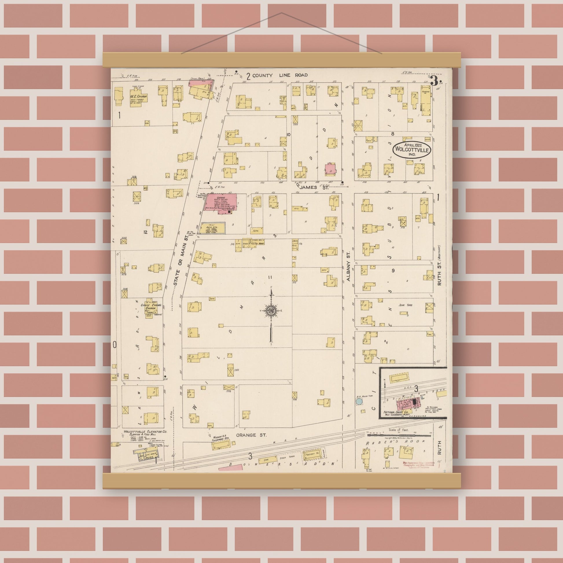 Old map wall art mockup — magnetic wood frame on brick wall — Sanborn Fire Insurance Map from Wolcottville, Noble And LaGrange Counties, Indiana (1922), Sheet #0003