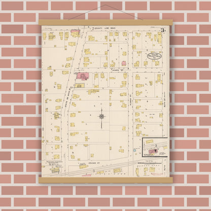 Old map wall art mockup — magnetic wood frame on brick wall — Sanborn Fire Insurance Map from Wolcottville, Noble And LaGrange Counties, Indiana (1922), Sheet #0003