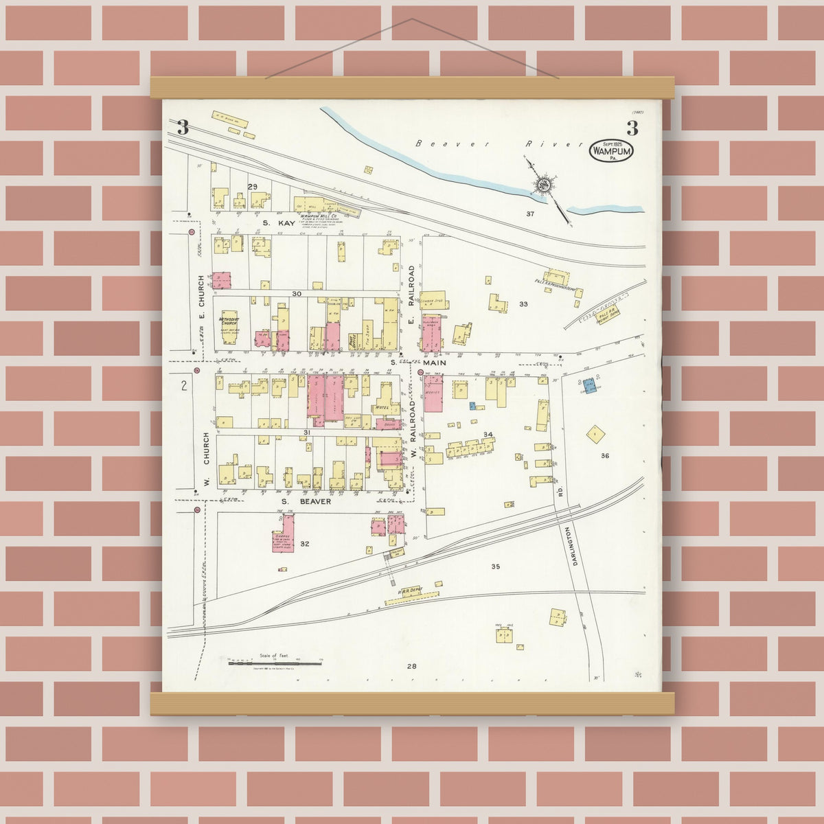 Old map wall art mockup — magnetic wood frame on brick wall — Sanborn Fire Insurance Map from Wampum, Lawrence County, Pennsylvania (1925), Sheet #0003