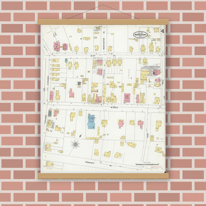 Old map wall art mockup — magnetic wood frame on brick wall — Sanborn Fire Insurance Map from Moorestown, Burlington County, New Jersey (1905), Sheet #0004