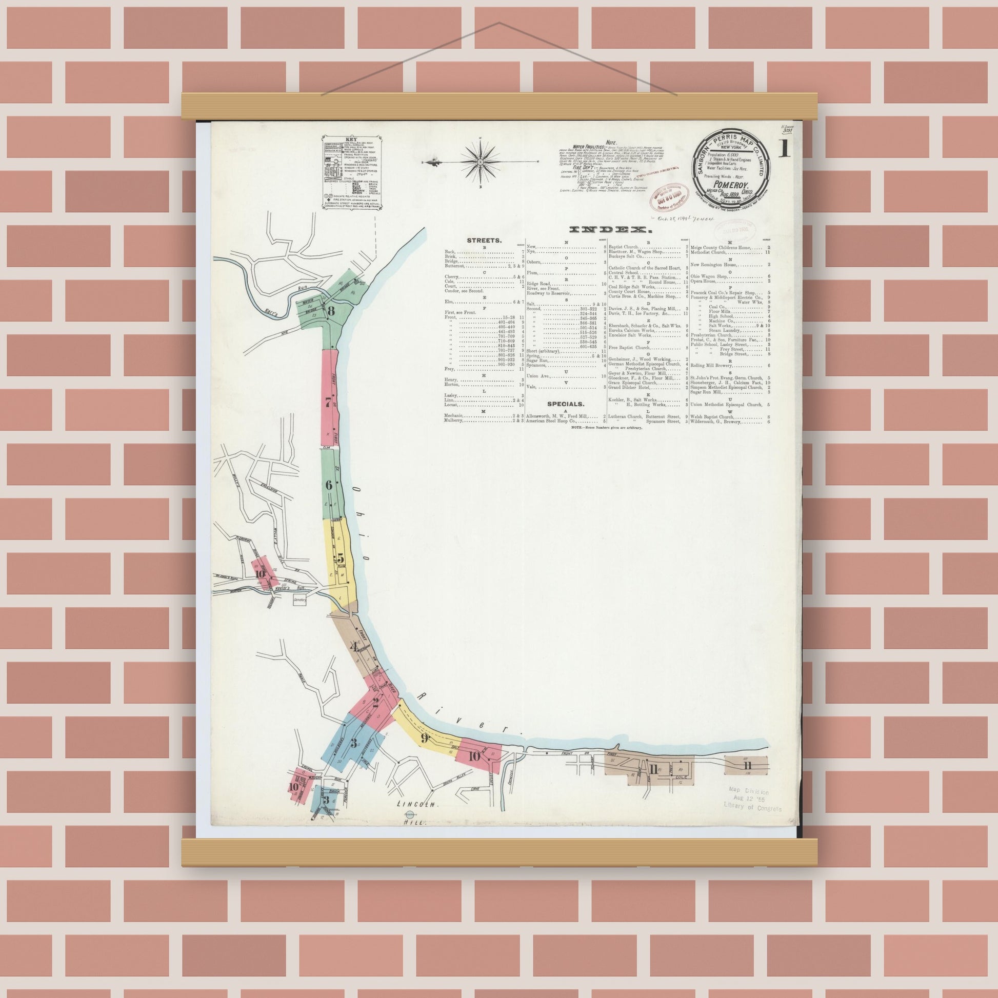 Old map wall art mockup — magnetic wood frame on brick wall — Sanborn Fire Insurance Map from Pomeroy, Meigs County, Ohio (1899) - Complete Map Set