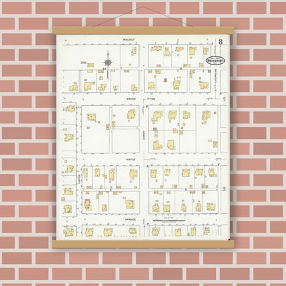 Old map wall art mockup — magnetic wood frame on brick wall — Sanborn Fire Insurance Map from Whitewright, Grayson County, Texas (1920), Sheet #0008