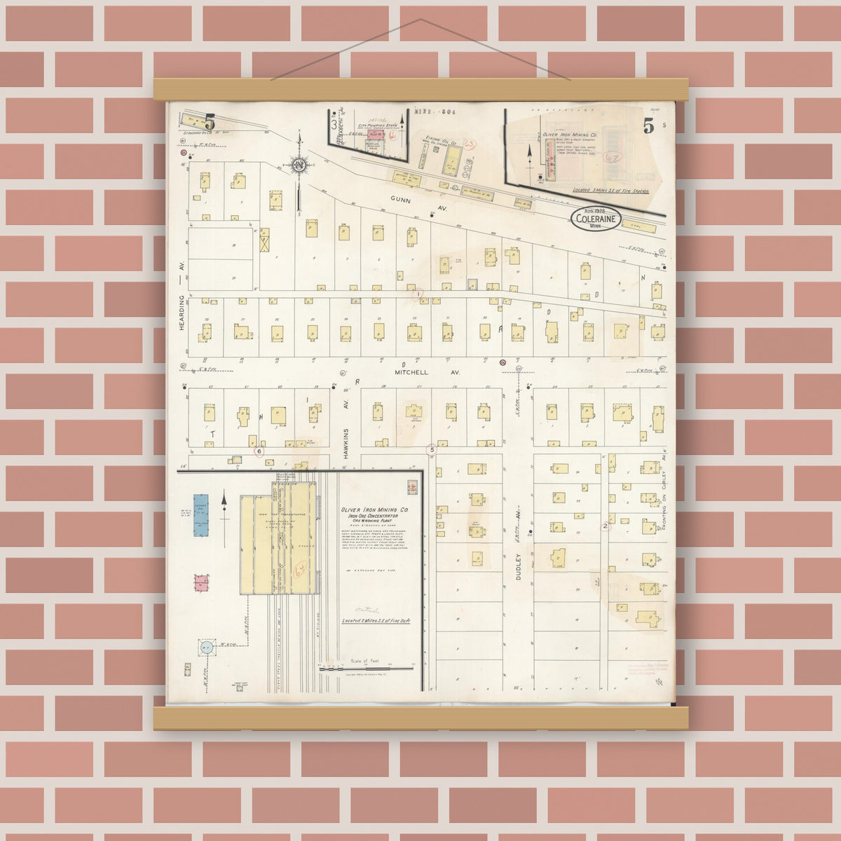 Old map wall art mockup — magnetic wood frame on brick wall — Sanborn Fire Insurance Map from Coleraine, Itasca County, Minnesota (1944), Sheet #0005