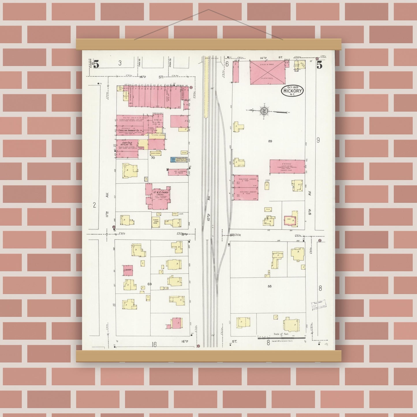 Old map wall art mockup — magnetic wood frame on brick wall — Sanborn Fire Insurance Map from Hickory, Catawba County, North Carolina (1925), Sheet #0005