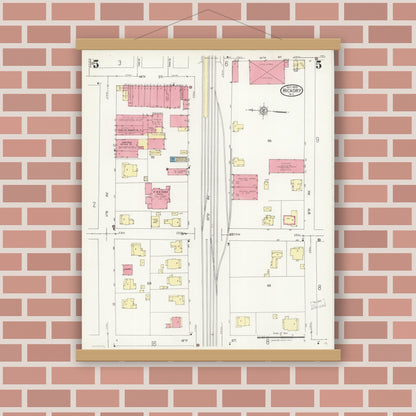 Old map wall art mockup — magnetic wood frame on brick wall — Sanborn Fire Insurance Map from Hickory, Catawba County, North Carolina (1925), Sheet #0005