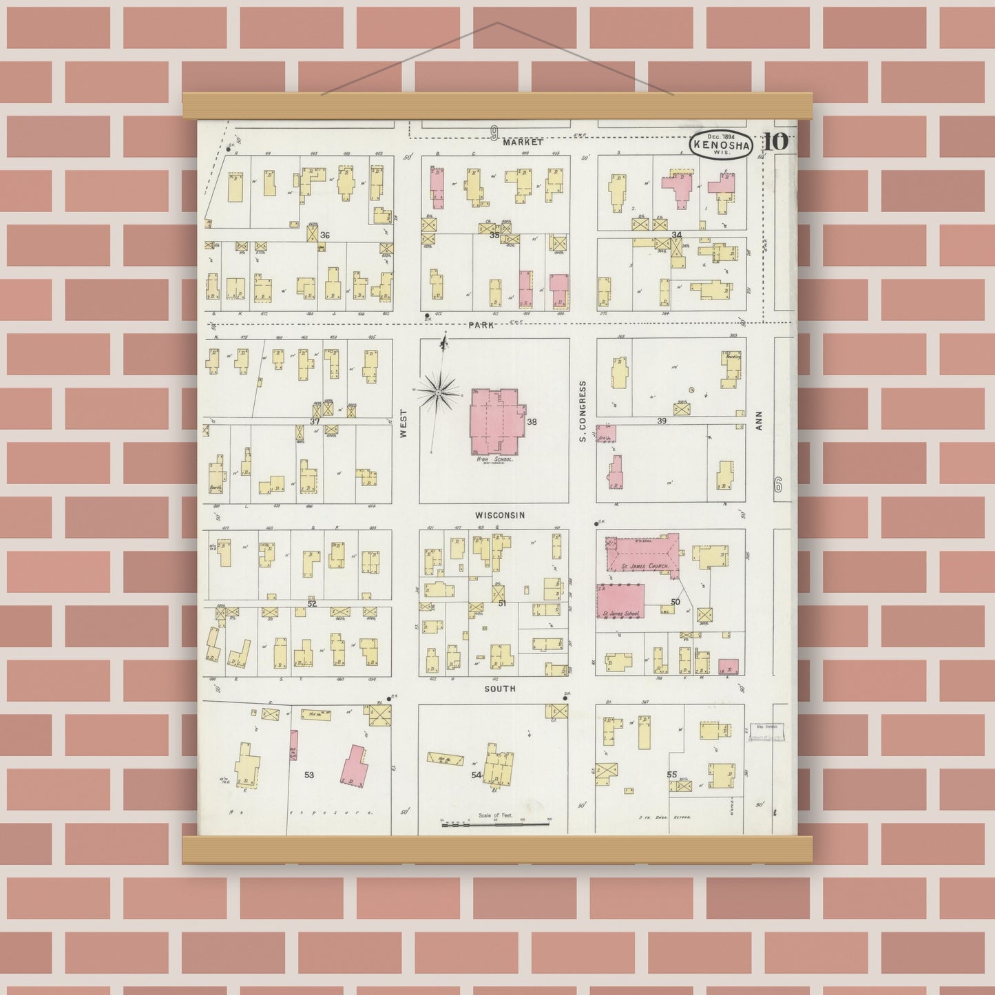 Old map wall art mockup — magnetic wood frame on brick wall — Sanborn Fire Insurance Map from Kenosha, Kenosha County, Wisconsin (1894), Sheet #0010