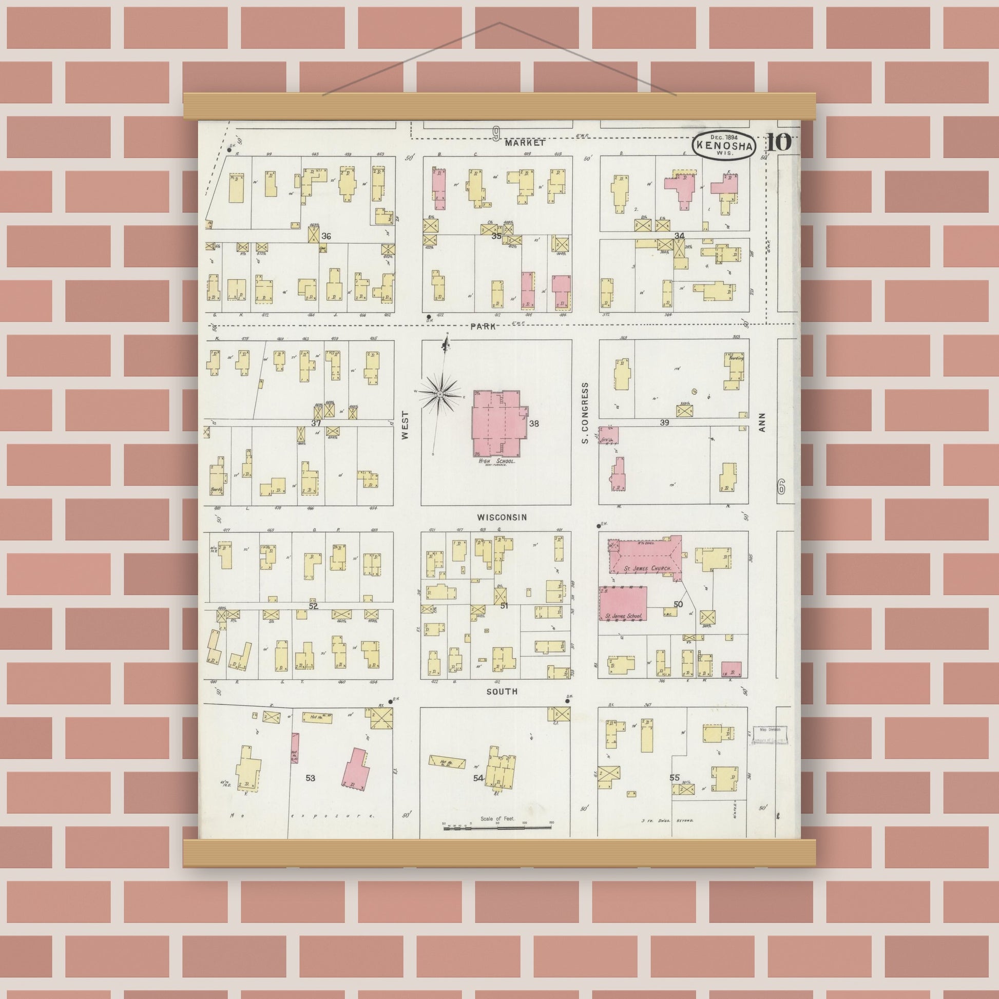 Old map wall art mockup — magnetic wood frame on brick wall — Sanborn Fire Insurance Map from Kenosha, Kenosha County, Wisconsin (1894), Sheet #0010