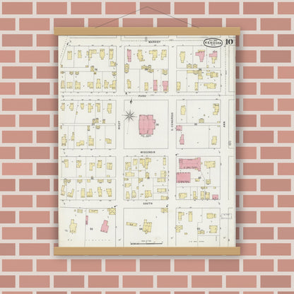 Old map wall art mockup — magnetic wood frame on brick wall — Sanborn Fire Insurance Map from Kenosha, Kenosha County, Wisconsin (1894), Sheet #0010