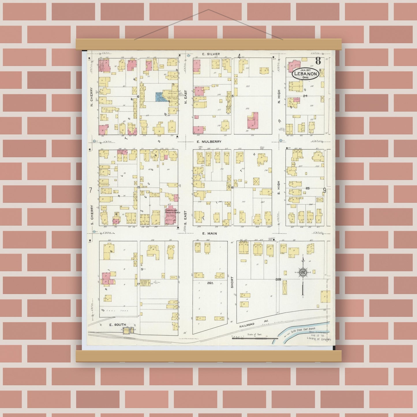 Old map wall art mockup — magnetic wood frame on brick wall — Sanborn Fire Insurance Map from Lebanon, Warren County, Ohio (1917), Sheet #0008