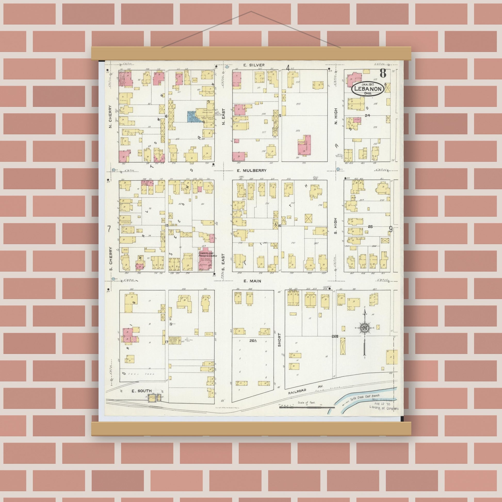 Old map wall art mockup — magnetic wood frame on brick wall — Sanborn Fire Insurance Map from Lebanon, Warren County, Ohio (1917), Sheet #0008