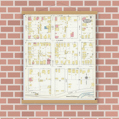 Old map wall art mockup — magnetic wood frame on brick wall — Sanborn Fire Insurance Map from Lebanon, Warren County, Ohio (1917), Sheet #0008