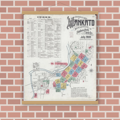 Old map wall art mockup — magnetic wood frame on brick wall — Sanborn Fire Insurance Map from Mankato, Blue Earth County, Minnesota (1900), Sheet #0001