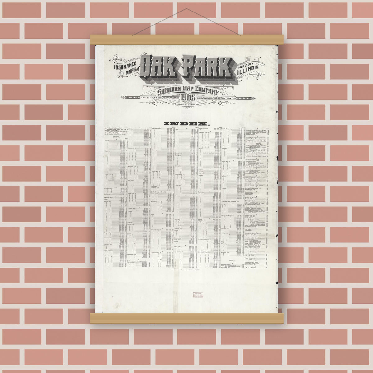 Old map wall art mockup — magnetic wood frame on brick wall — Sanborn Fire Insurance Map from Oak Park, Cook County, Illinois (1908), Sheet #0001