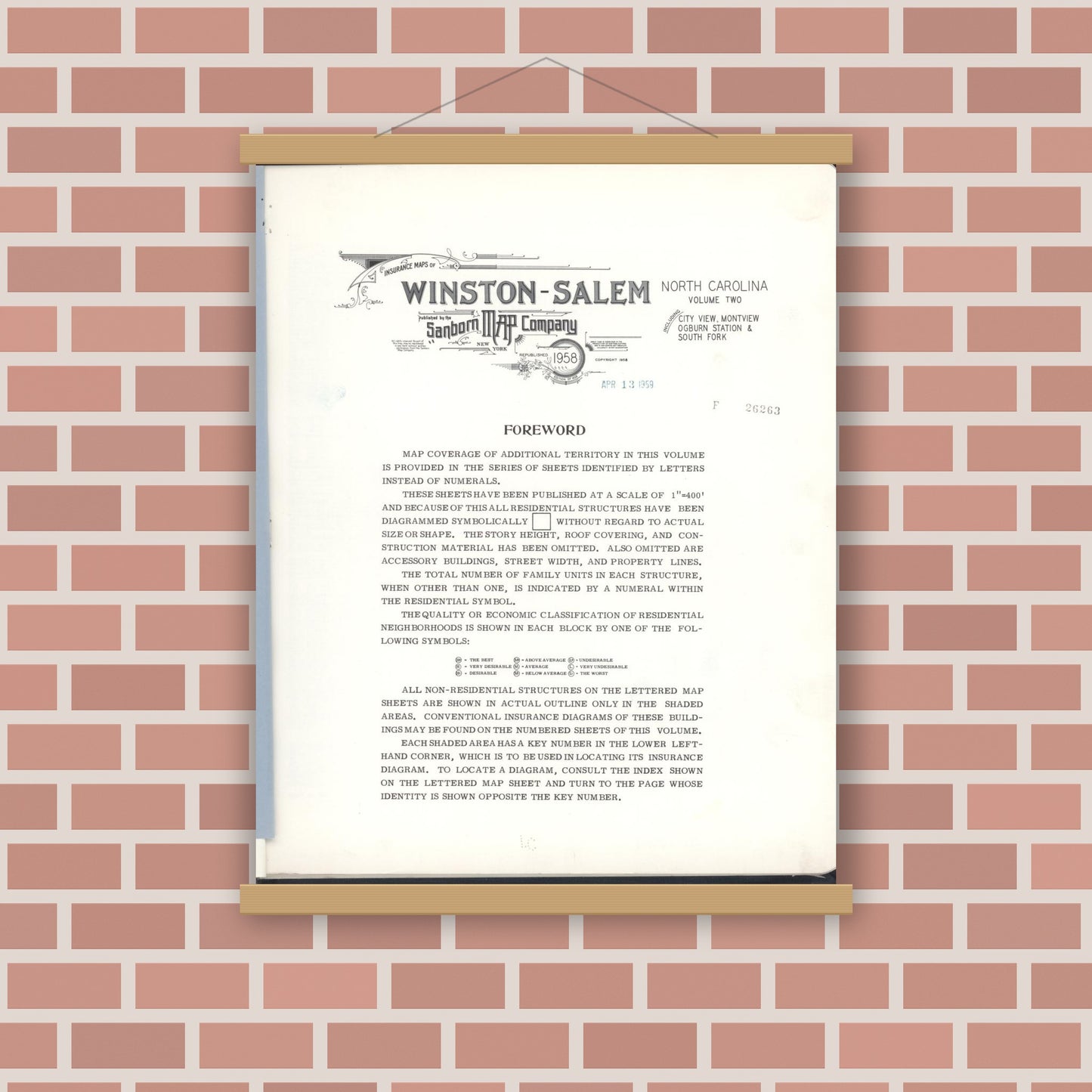 Old map wall art mockup — magnetic wood frame on brick wall — Sanborn Fire Insurance Map from Winston-salem, Forsyth County, North Carolina (1958), Sheet #0001