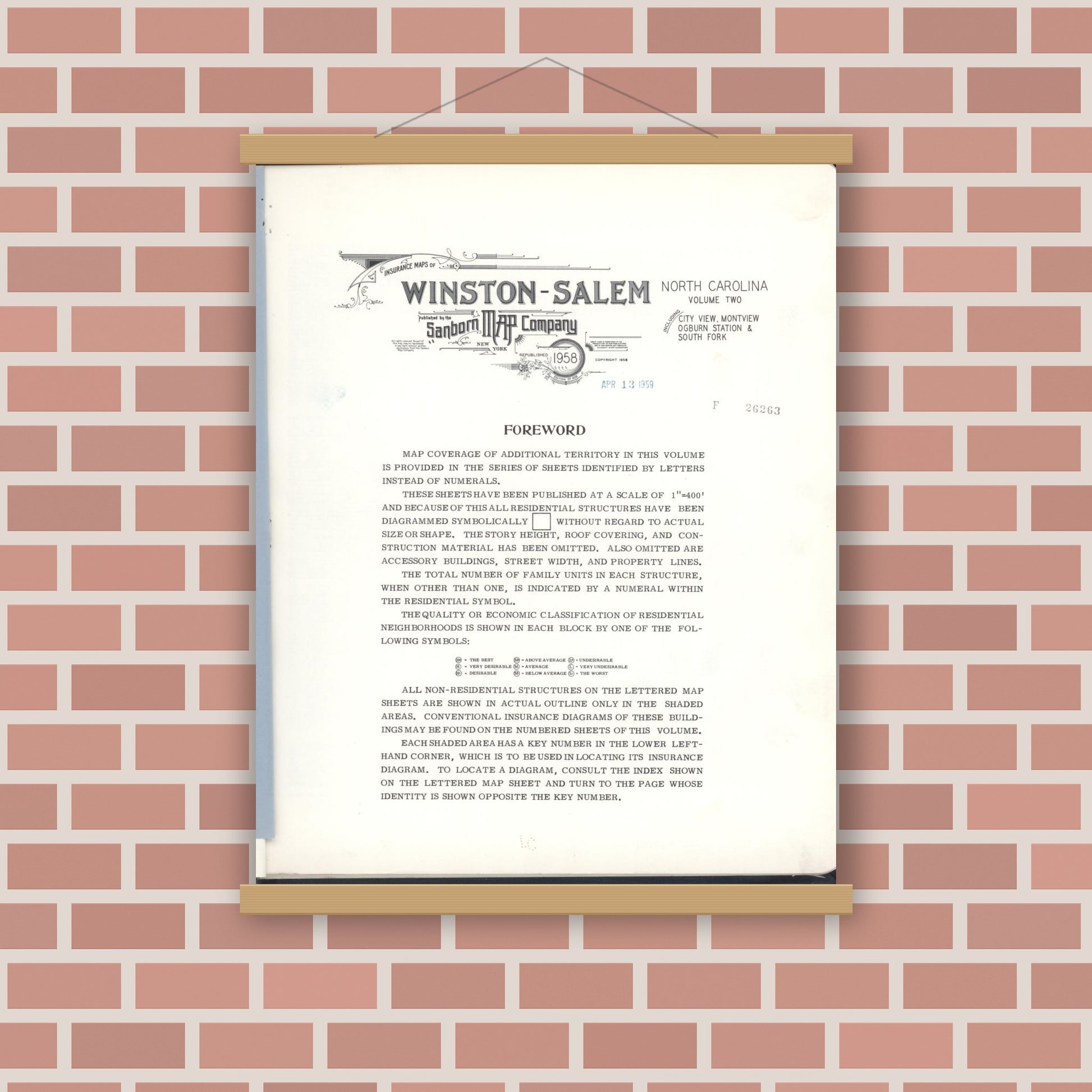 Old map wall art mockup — magnetic wood frame on brick wall — Sanborn Fire Insurance Map from Winston-salem, Forsyth County, North Carolina (1958), Sheet #0001