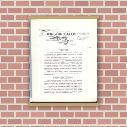 Old map wall art mockup — magnetic wood frame on brick wall — Sanborn Fire Insurance Map from Winston-salem, Forsyth County, North Carolina (1958), Sheet #0001