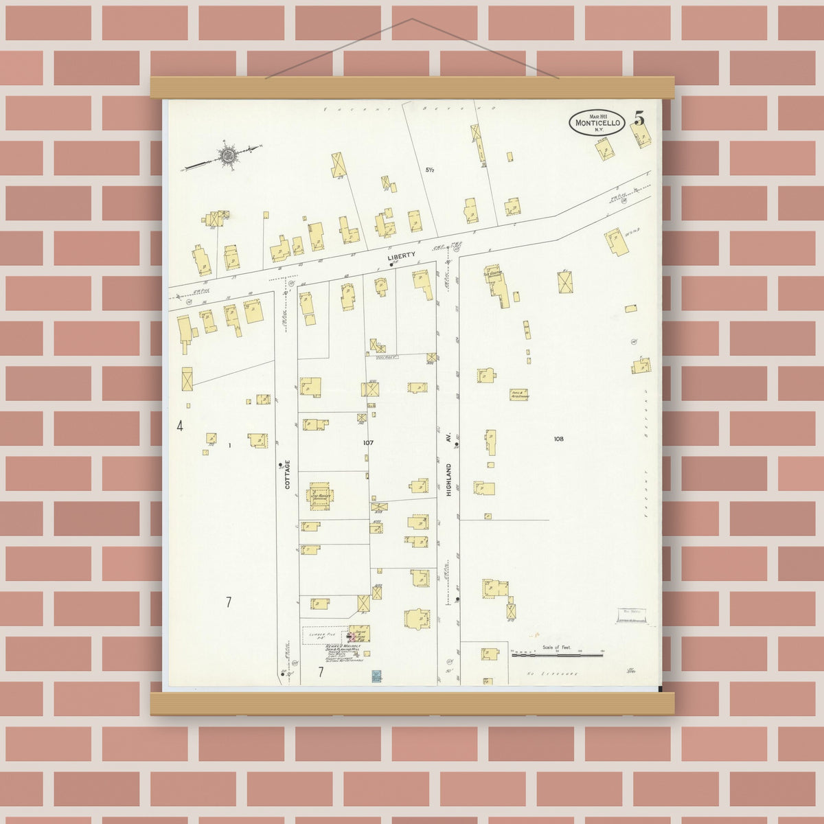 Old map wall art mockup — magnetic wood frame on brick wall — Sanborn Fire Insurance Map from Monticello, Sullivan County, New York (1911), Sheet #0005