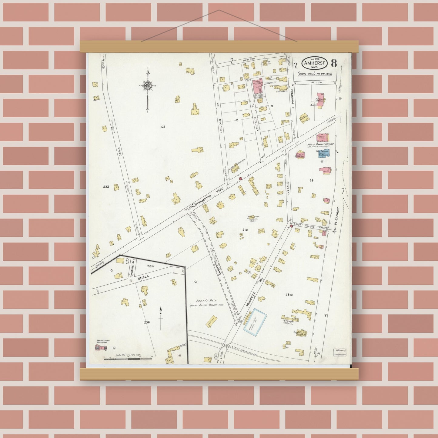 Old map wall art mockup — magnetic wood frame on brick wall — Sanborn Fire Insurance Map from Amherst, Hampshire County, Massachusetts (1916), Sheet #0008