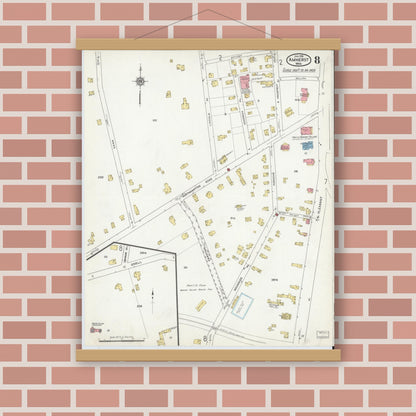 Old map wall art mockup — magnetic wood frame on brick wall — Sanborn Fire Insurance Map from Amherst, Hampshire County, Massachusetts (1916), Sheet #0008