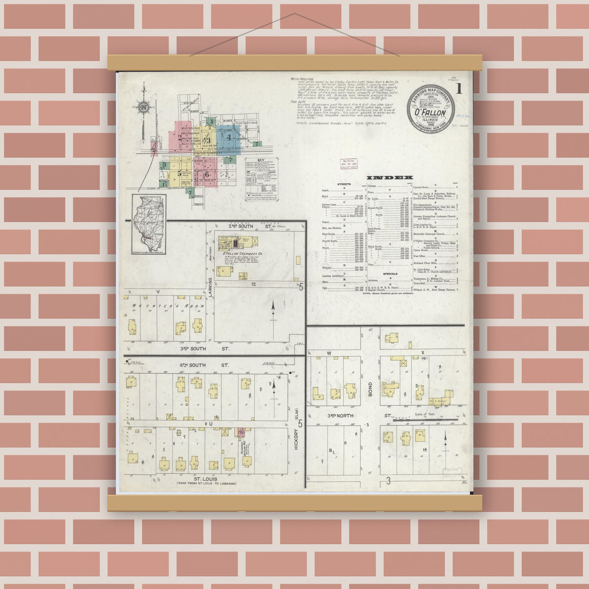 Old map wall art mockup — magnetic wood frame on brick wall — Sanborn Fire Insurance Map from O'Fallon, Saint Clair County, Illinois (1914) - Complete Map Set
