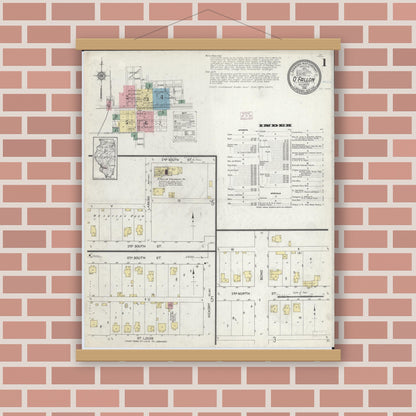Old map wall art mockup — magnetic wood frame on brick wall — Sanborn Fire Insurance Map from O'Fallon, Saint Clair County, Illinois (1914) - Complete Map Set