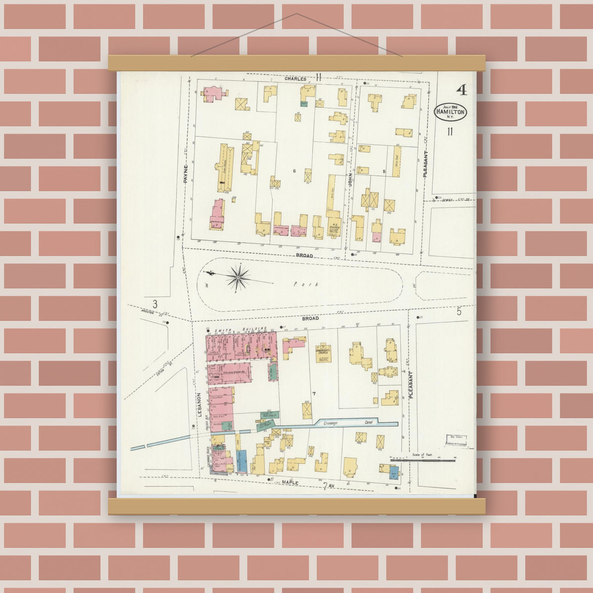 Old map wall art mockup — magnetic wood frame on brick wall — Sanborn Fire Insurance Map from Hamilton, Madison County, New York (1906), Sheet #0004