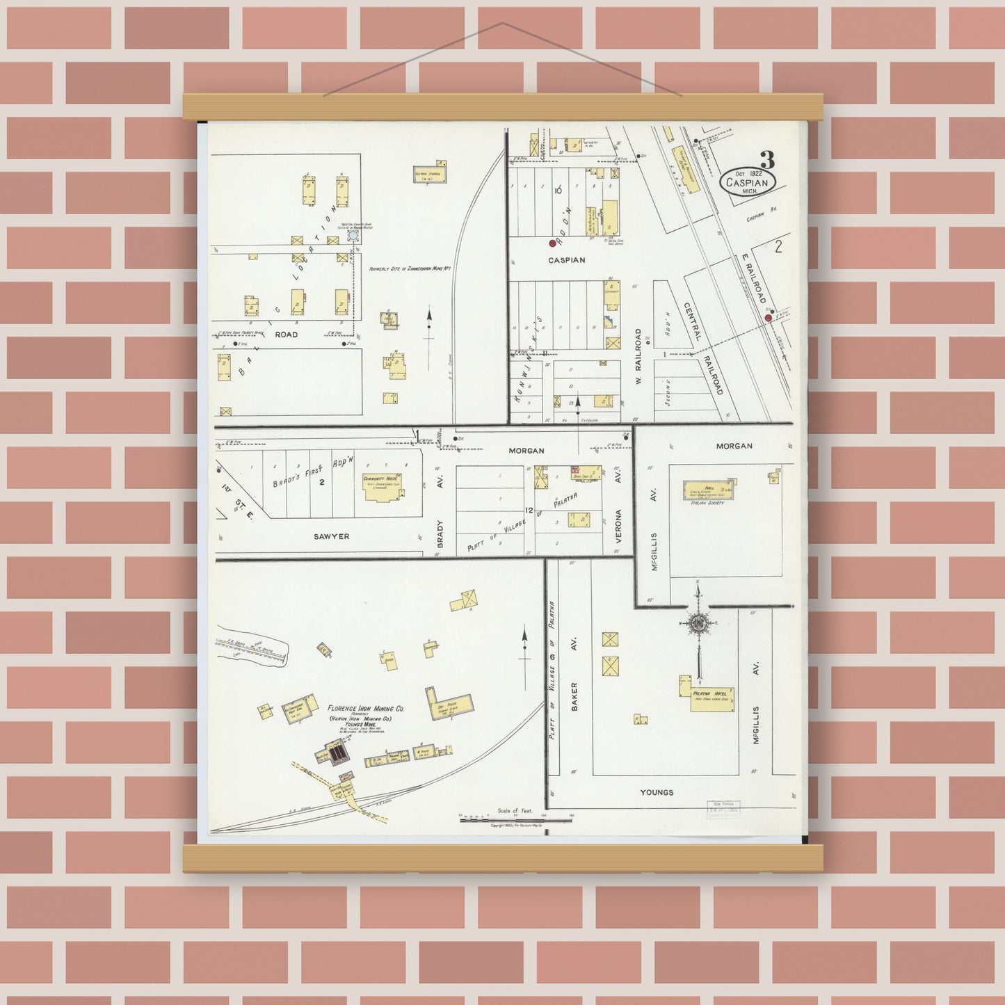 Old map wall art mockup — magnetic wood frame on brick wall — Sanborn Fire Insurance Map from Caspian, Iron County, Michigan (1922), Sheet #0003