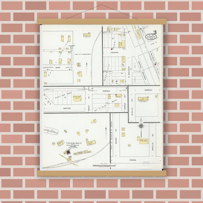 Old map wall art mockup — magnetic wood frame on brick wall — Sanborn Fire Insurance Map from Caspian, Iron County, Michigan (1922), Sheet #0003