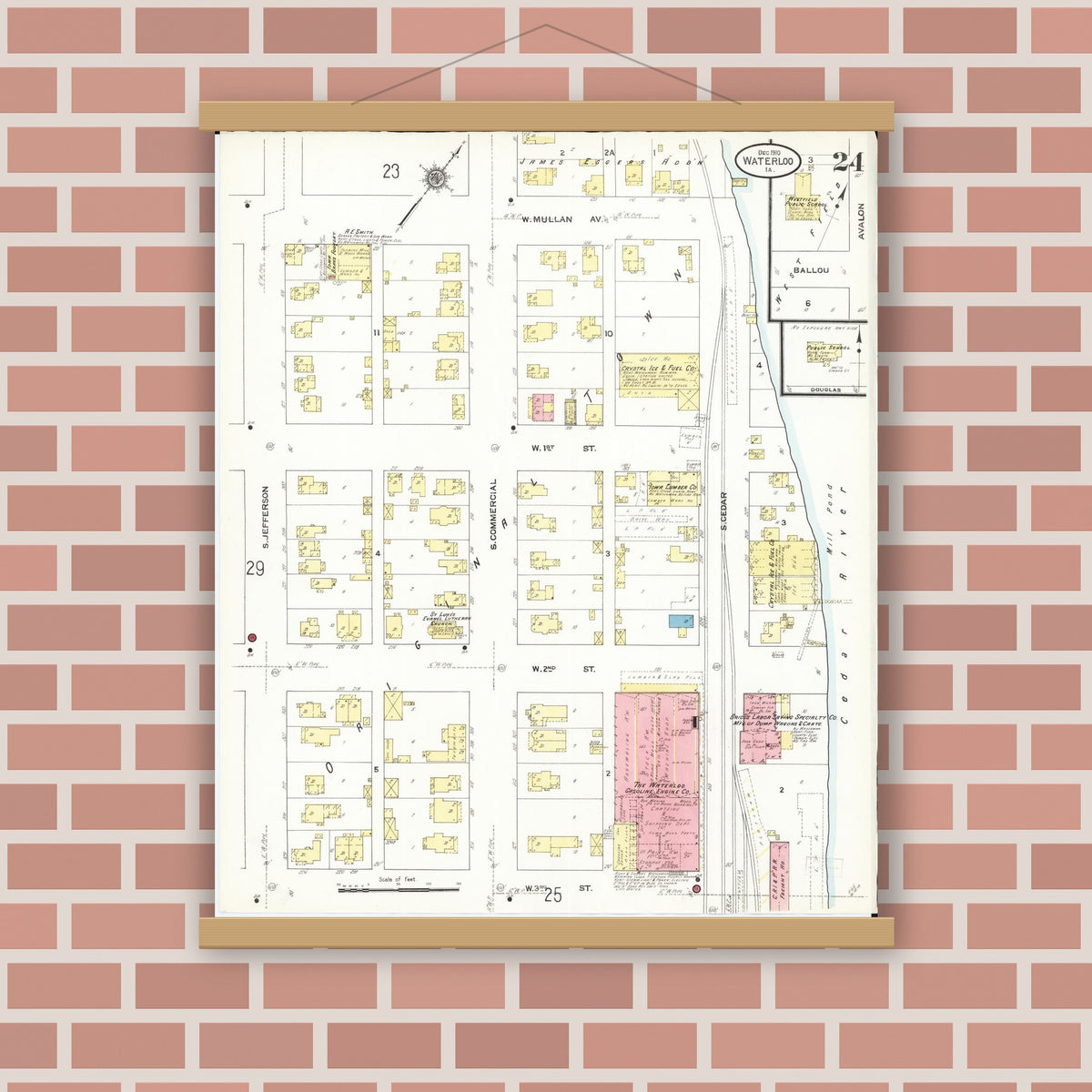 Old map wall art mockup — magnetic wood frame on brick wall — Sanborn Fire Insurance Map from Waterloo, Black Hawk County, Iowa (1910), Sheet #0024