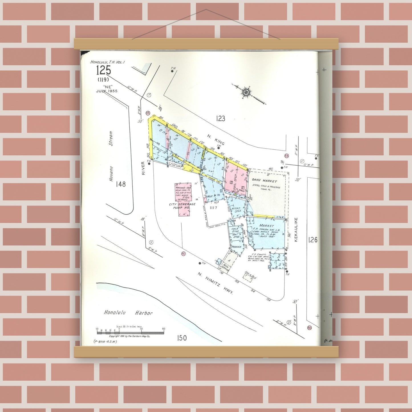 Old map wall art mockup — magnetic wood frame on brick wall — Sanborn Fire Insurance Map from Honolulu, Oahu County, Hawaii (1955), Sheet #0125