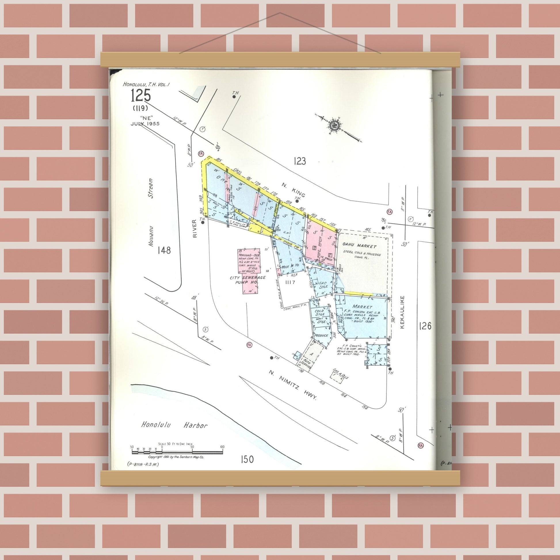 Old map wall art mockup — magnetic wood frame on brick wall — Sanborn Fire Insurance Map from Honolulu, Oahu County, Hawaii (1955), Sheet #0125