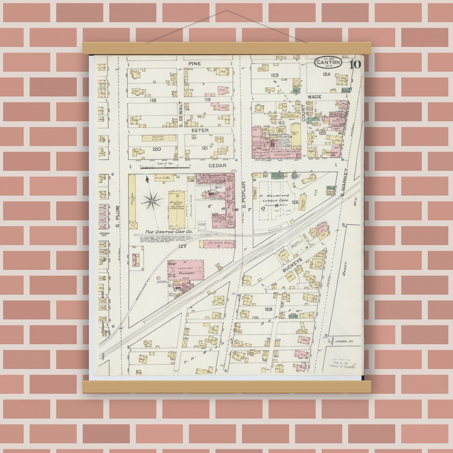 Old map wall art mockup — magnetic wood frame on brick wall — Sanborn Fire Insurance Map from Canton, Stark County, Ohio (1887), Sheet #0010
